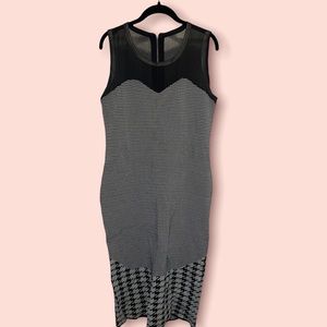 Black, grayish green bodycon dress with mesh upper.